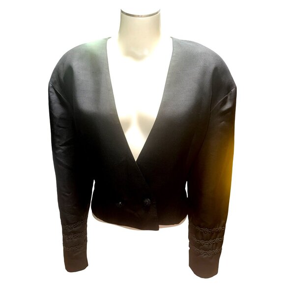 Eleanor P Brenner 10 Vintage Black Silk Jacket Cropped Blazer Deep V Embroidered - Picture 12 of 13